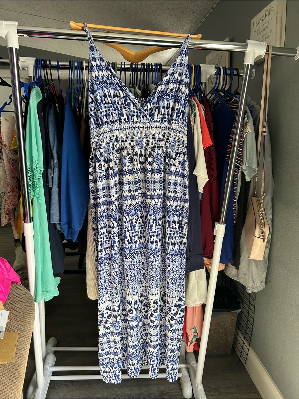 Rouge! Blue and White Printed V-Neck Maxi Dress